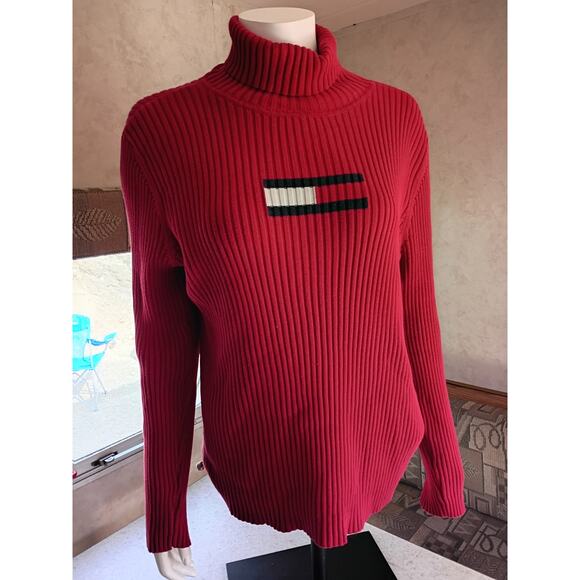 TOMMY HILFIGER XL Red Rib Knit Turtleneck Y2K Flag Logo Sweater Preppy Quietlux - Picture 1 of 13